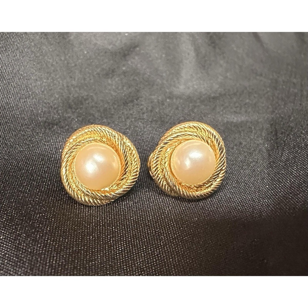 Monet Vintage Gold Tone Rope & Faux Pearl Clip Ons Signed Earrings
